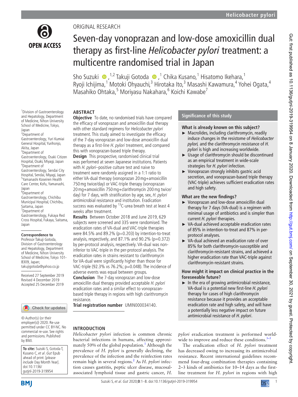 Seven-Day Vonoprazan and Low-Dose Amoxicillin Dual Therapy As First-Line