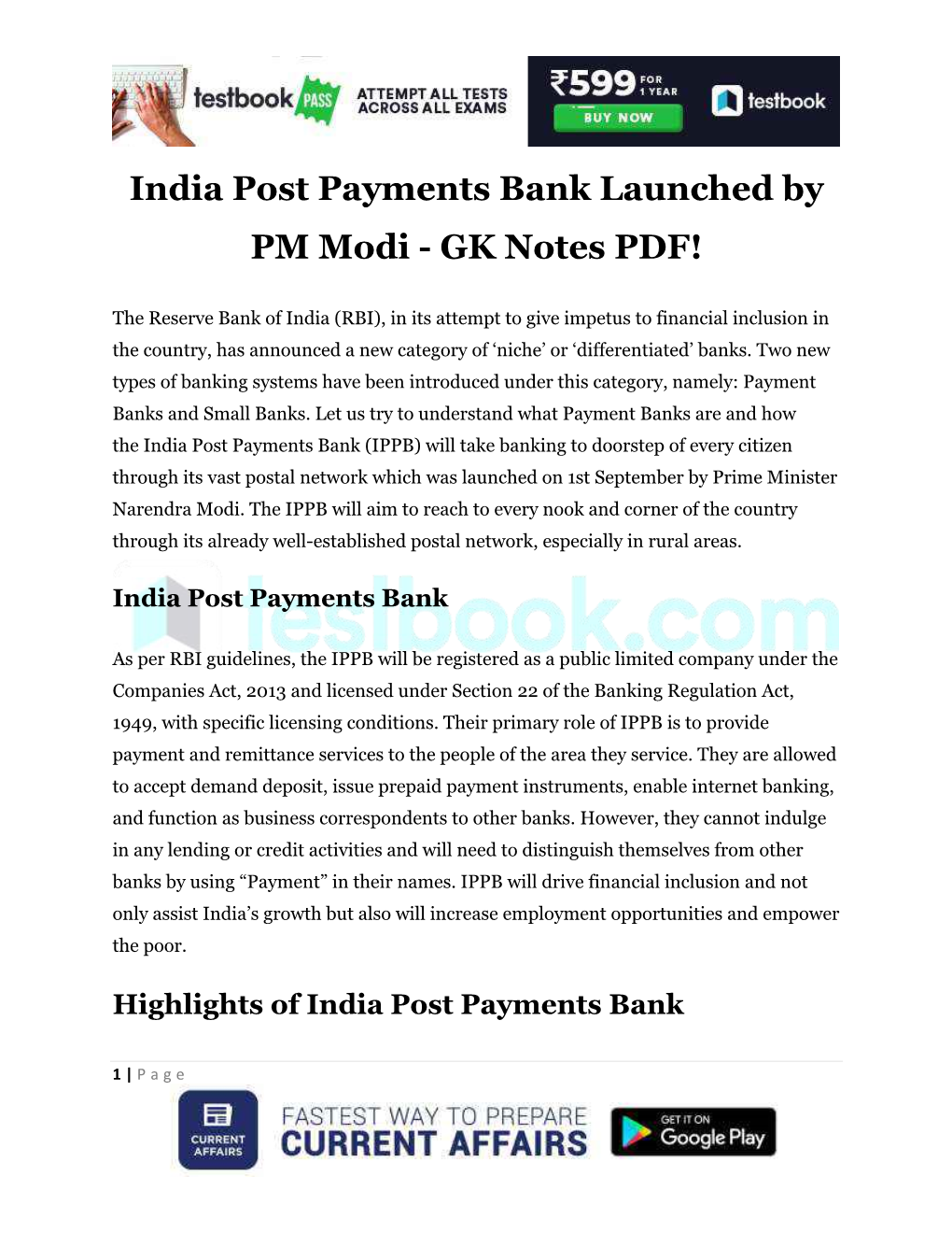 India Post Payments Bank Launched by PM Modi - GK Notes PDF!