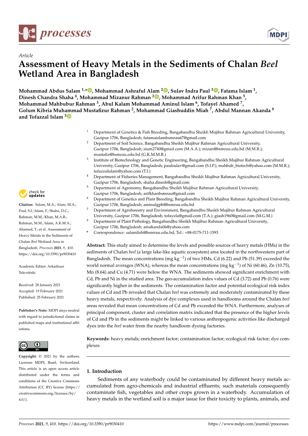 Assessment of Heavy Metals in the Sediments of Chalan Beel Wetland Area in Bangladesh