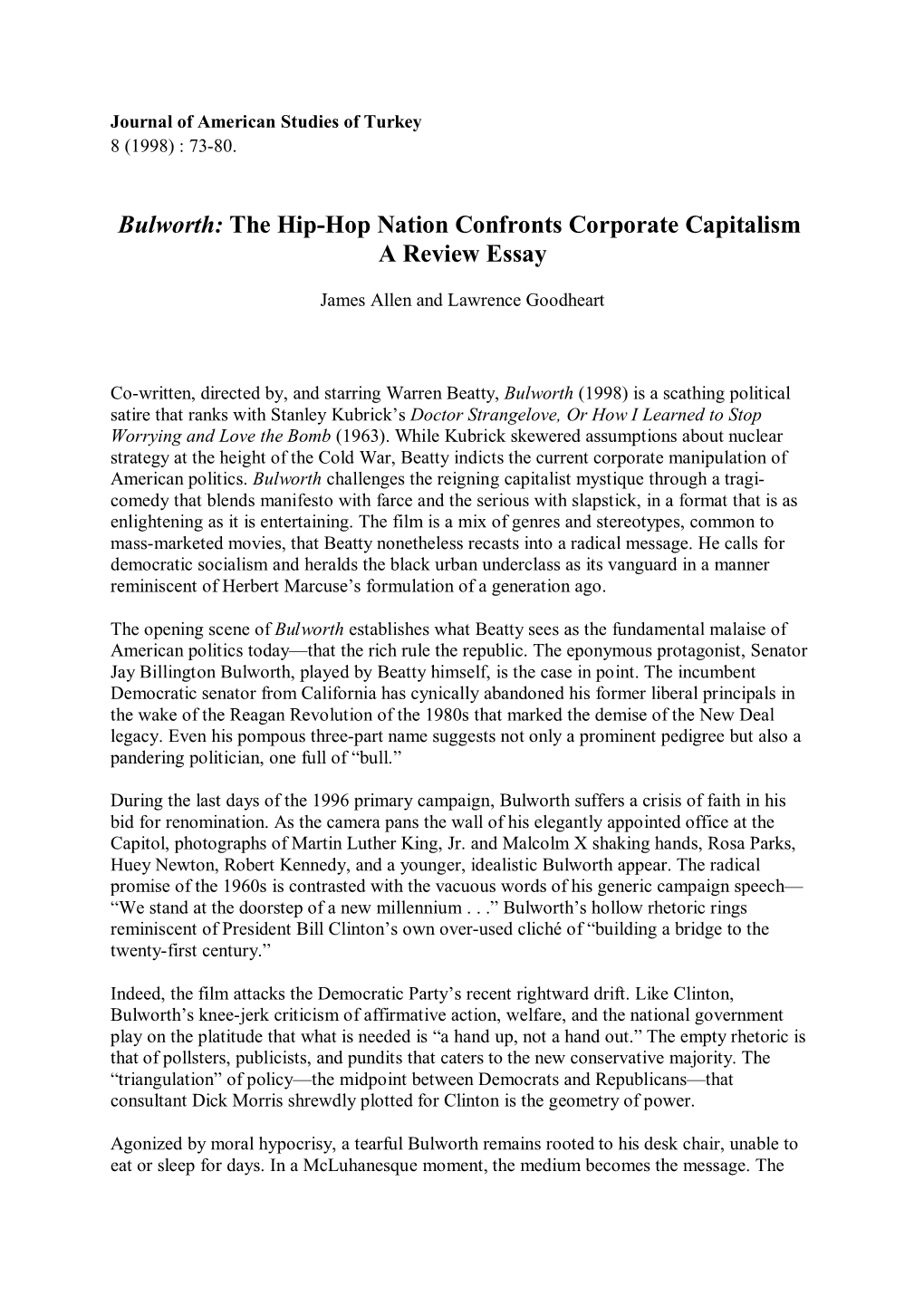 Bulworth: the Hip-Hop Nation Confronts Corporate Capitalism a Review Essay