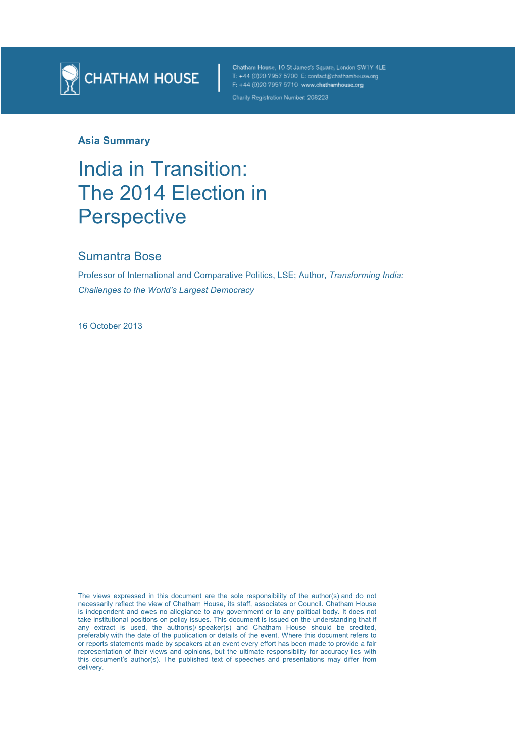 India in Transition: the 2014 Election in Perspective