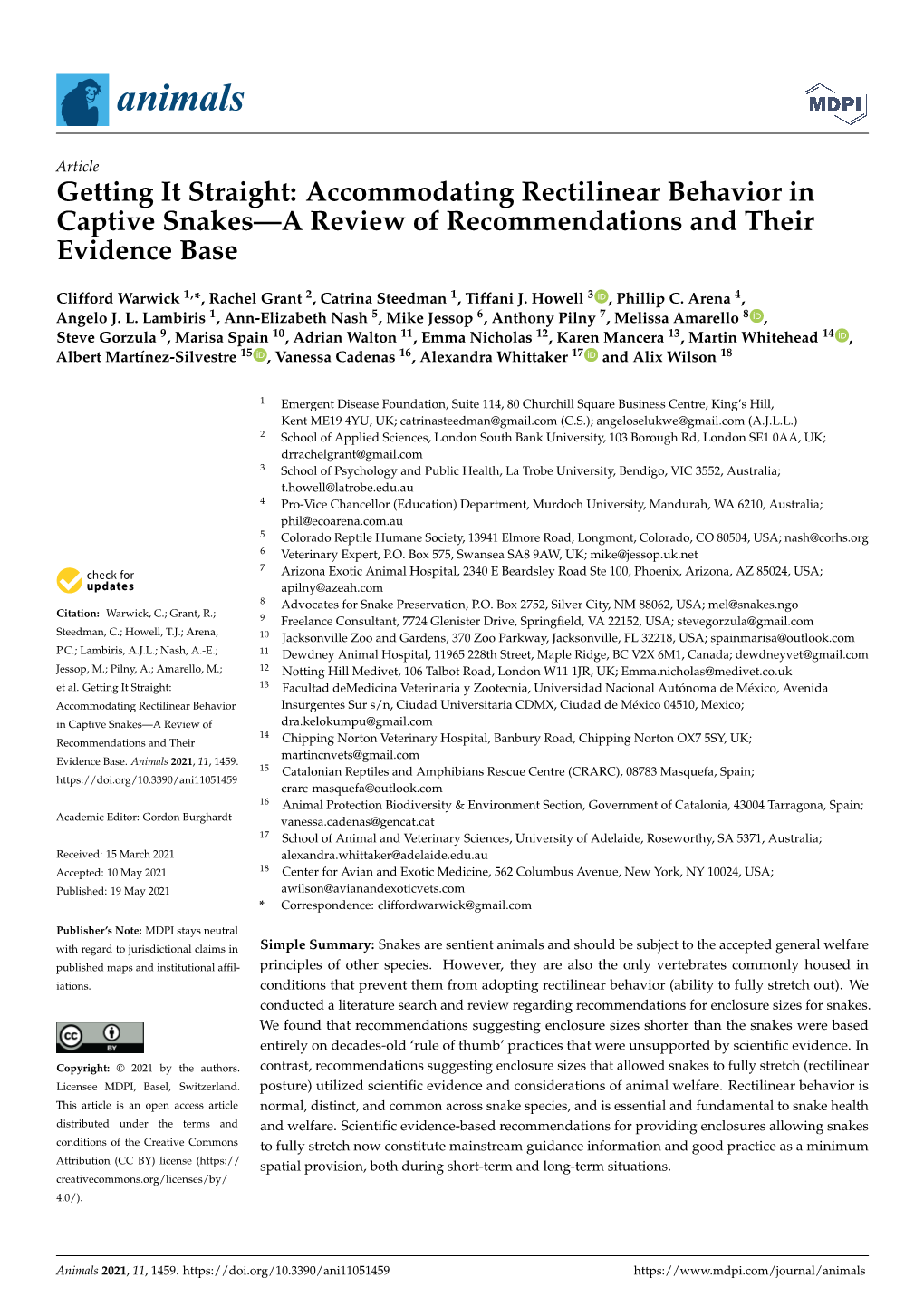 Getting It Straight: Accommodating Rectilinear Behavior in Captive Snakes—A Review of Recommendations and Their Evidence Base