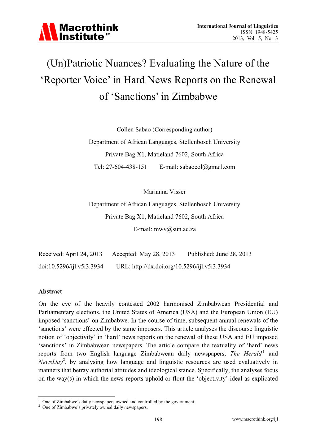 (Un)Patriotic Nuances? Evaluating the Nature of the „Reporter Voice‟ in Hard News Reports on the Renewal of „Sanctions‟ in Zimbabwe