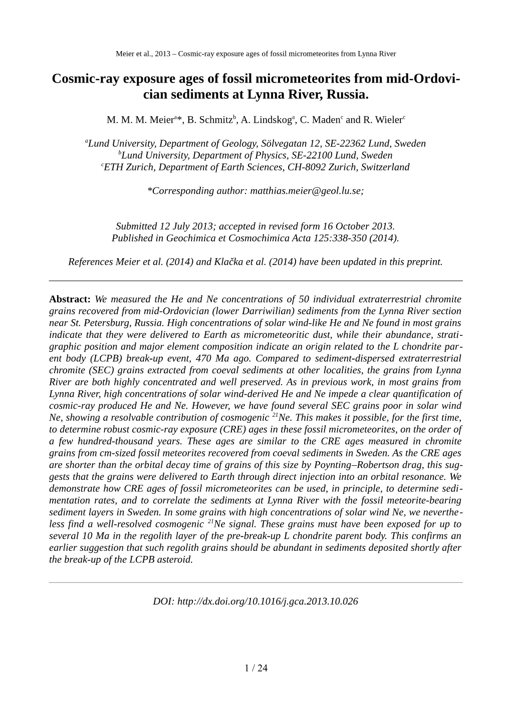 Cosmic-Ray Exposure Ages of Fossil Micrometeorites from Mid-Ordovi- Cian Sediments at Lynna River, Russia