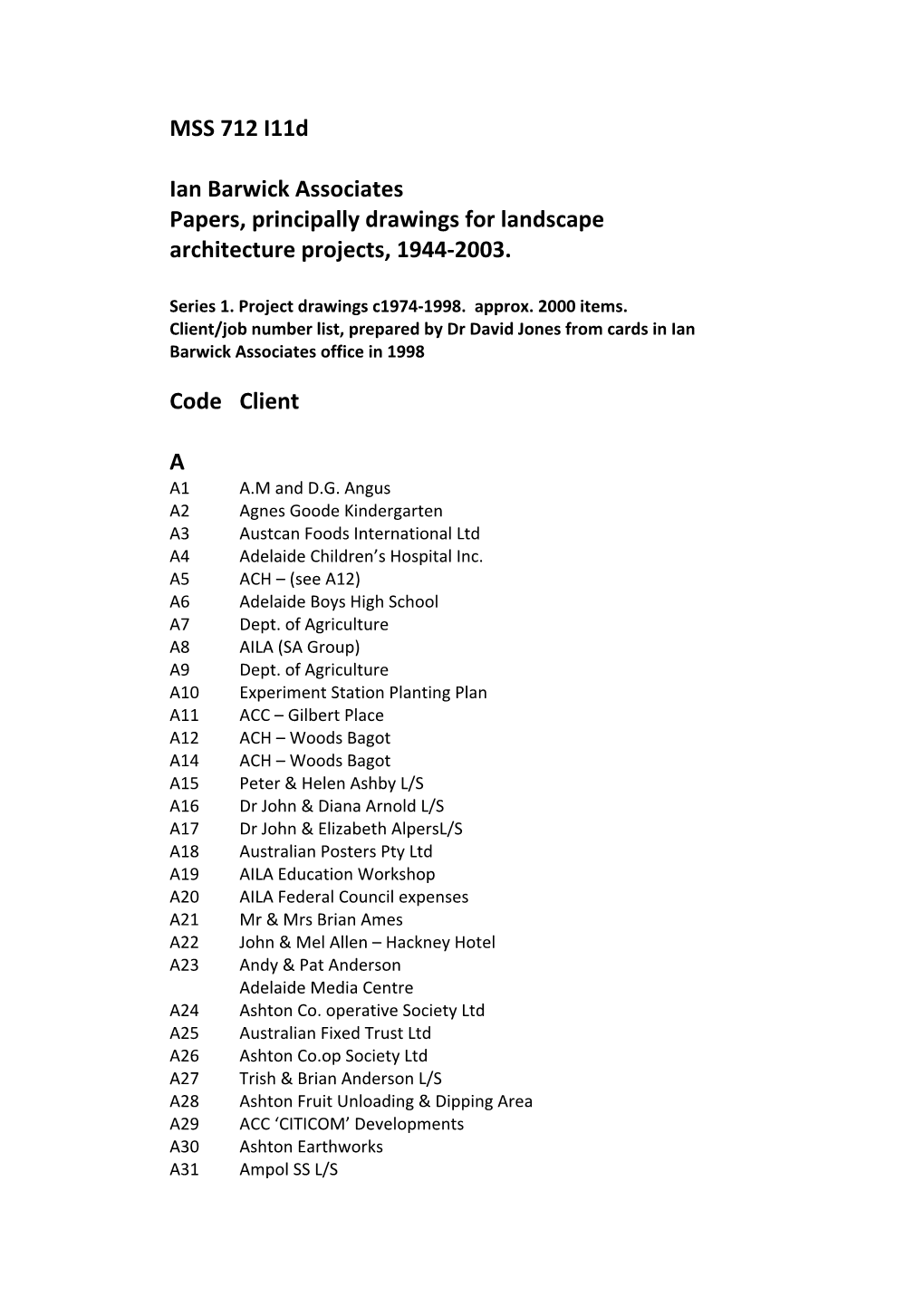 MSS 712 I11d Ian Barwick Associates Papers, Principally Drawings For