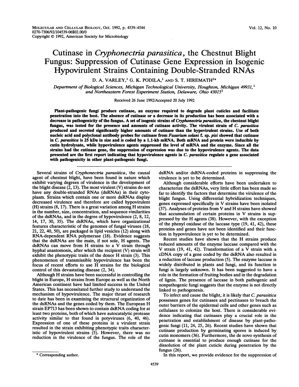 Suppression of Cutinase Gene Expression in Isogenic Hypovirulent Strains Containing Double-Stranded Rnas D