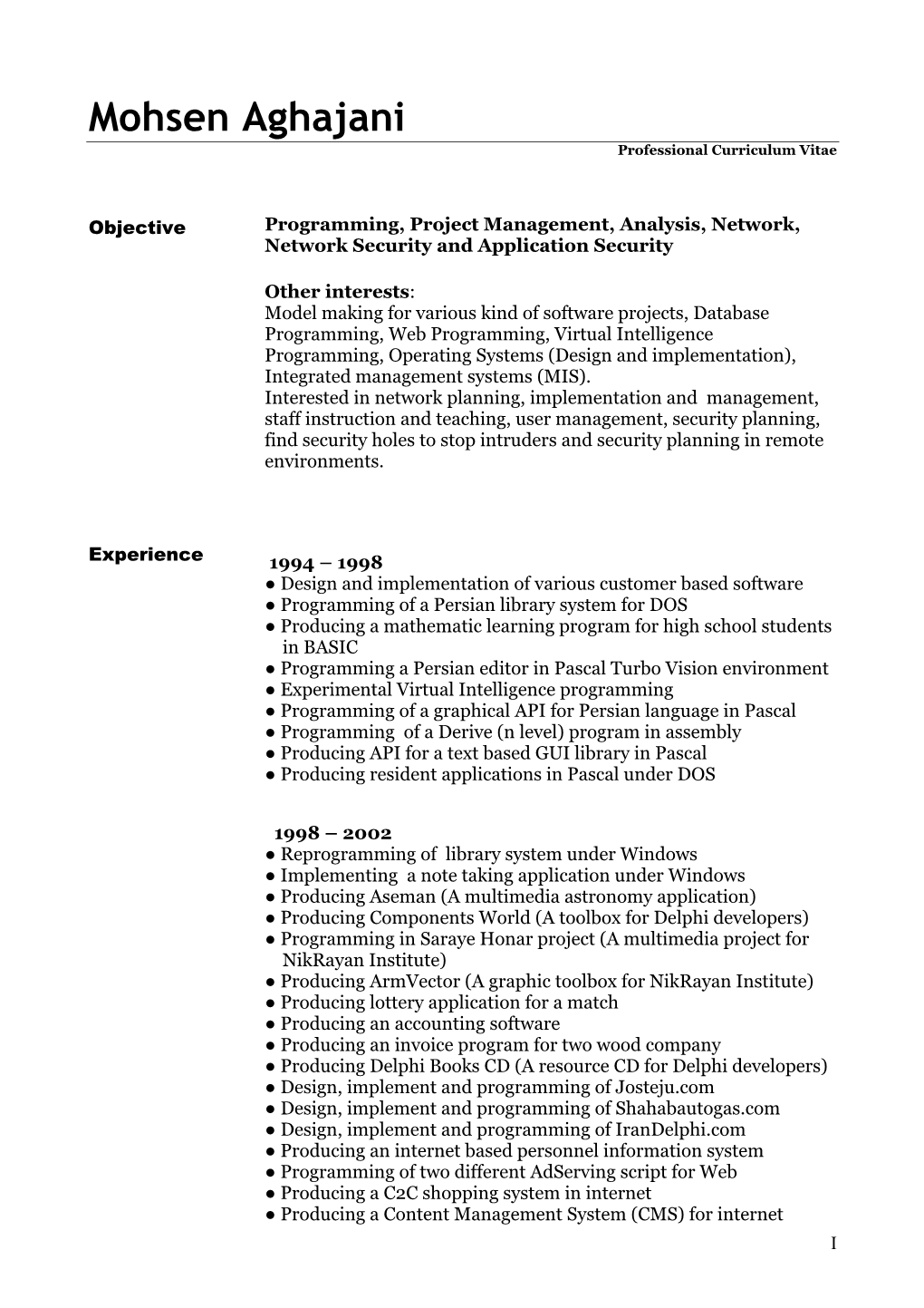 Mohsen Aghajani Professional Curriculum Vitae