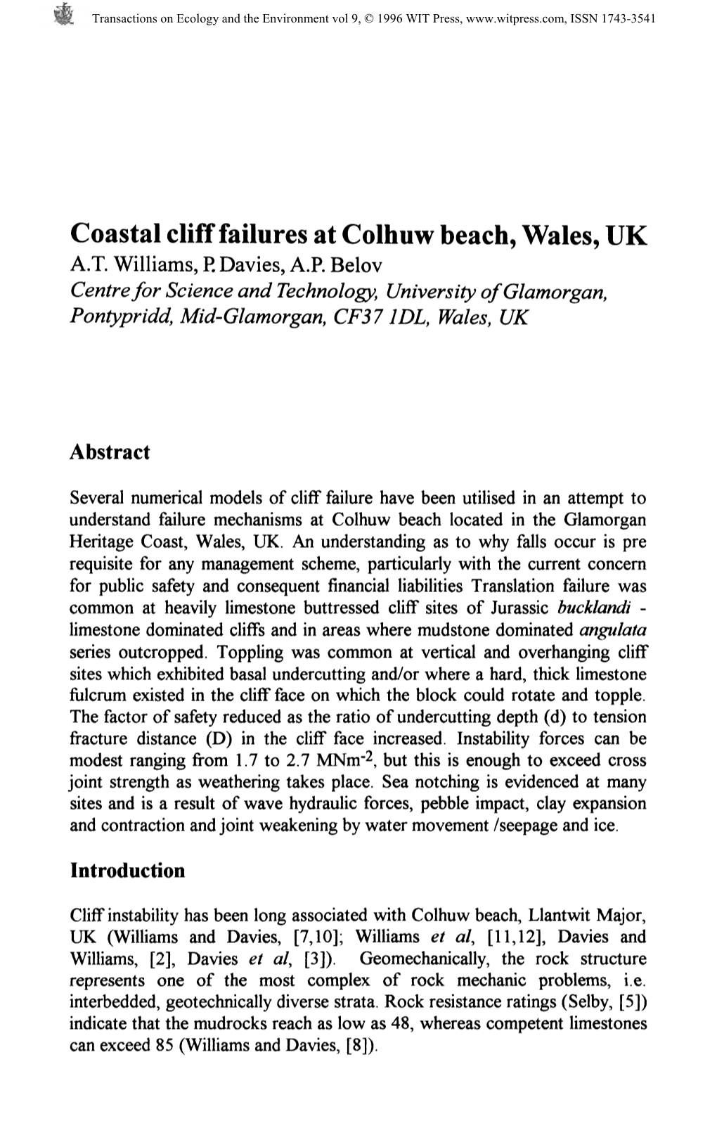 Coastal Cliff Failures at Colhuw Beach, Wales, UK