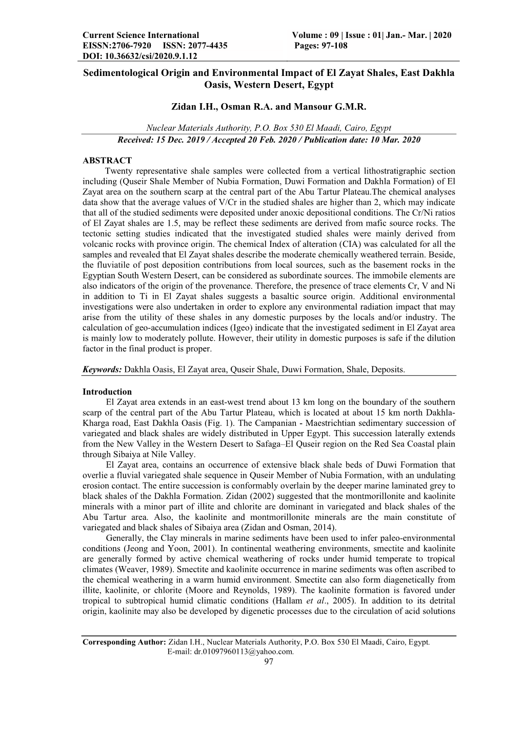 Sedimentological Origin and Environmental Impact of El Zayat Shales, East Dakhla Oasis, Western Desert, Egypt