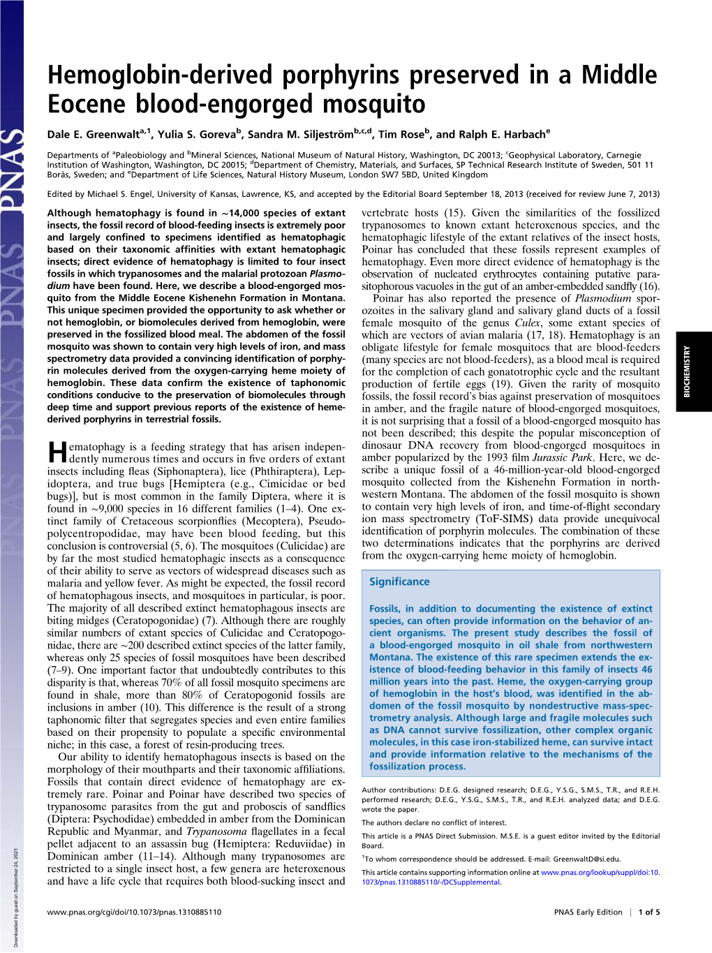 Hemoglobin-Derived Porphyrins Preserved in a Middle Eocene Blood-Engorged Mosquito