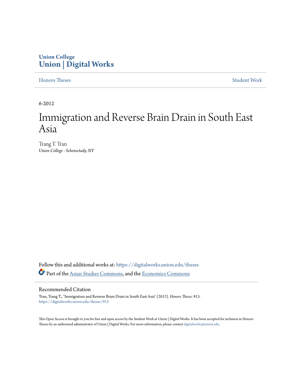 Immigration and Reverse Brain Drain in South East Asia Trang T