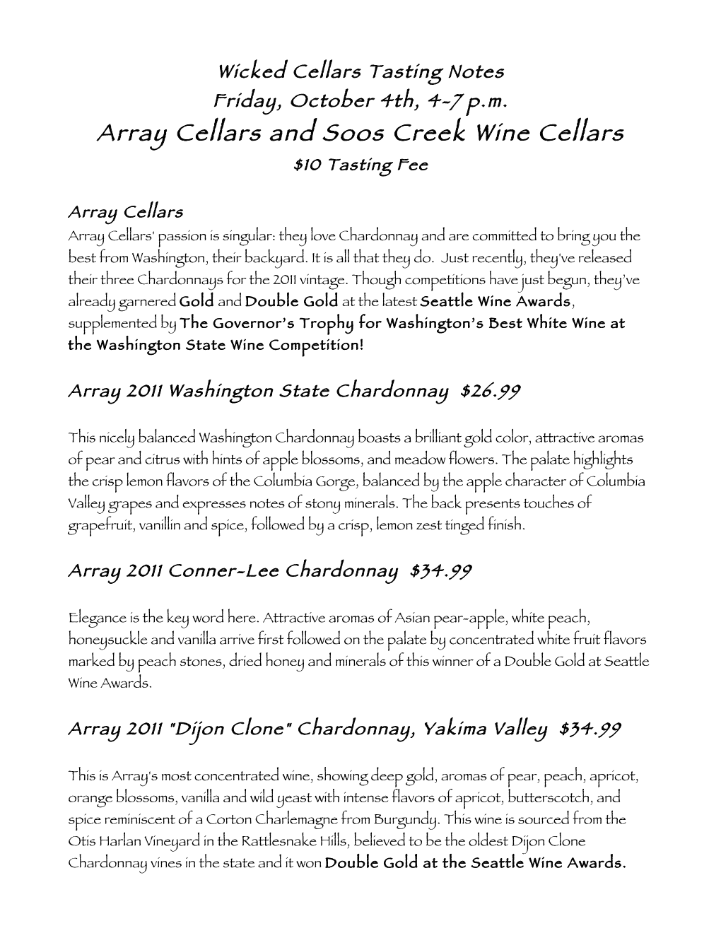 Array Cellars and Soos Creek Wine Cellars $10 Tasting Fee