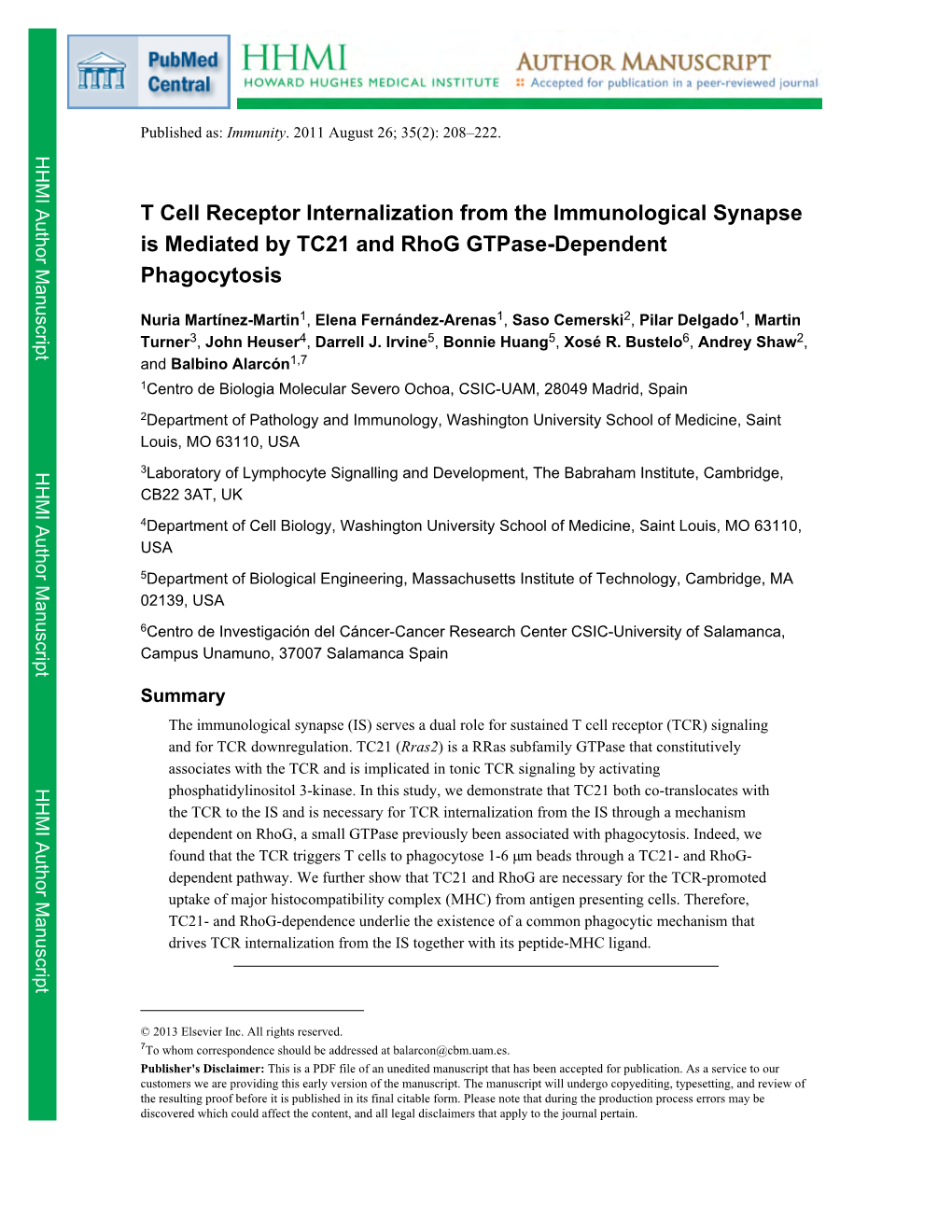 T Cell Receptor Internalization from the Immunological Synapse Is Mediated by TC21 and Rhog Gtpase-Dependent Phagocytosis