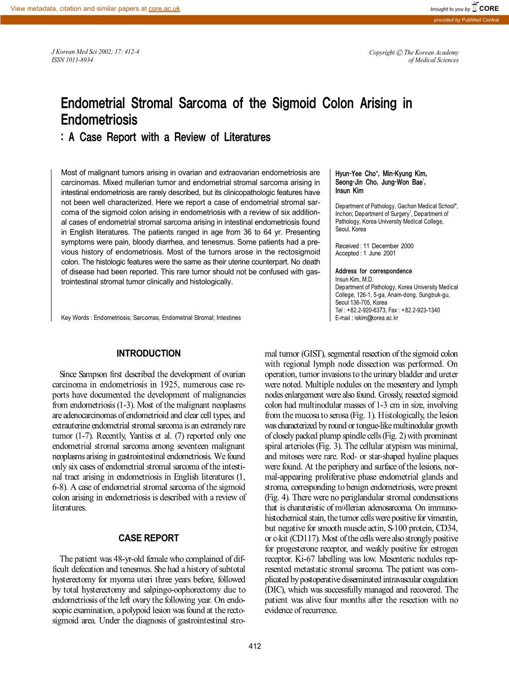 Endometrial Stromal Sarcoma of the Sigmoid Colon Arising in Endometriosis : a Case Report with a Review of Literatures