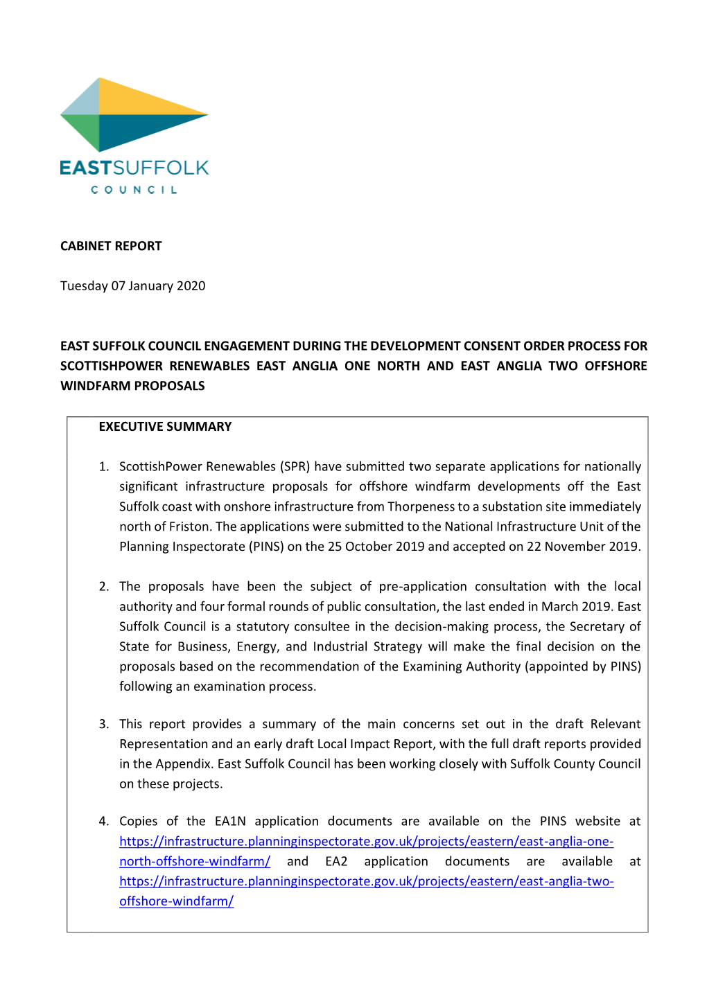 CABINET REPORT Tuesday 07 January 2020 EAST SUFFOLK