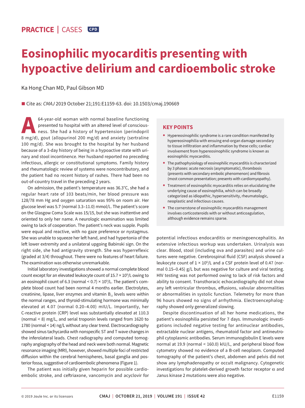 Eosinophilic Myocarditis Presenting with Hypoactive Delirium and Cardioembolic Stroke
