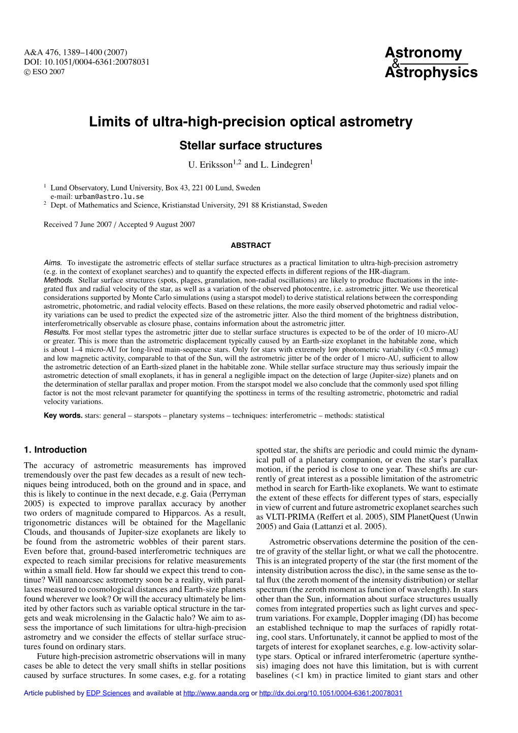 Limits of Ultra-High-Precision Optical Astrometry Stellar Surface Structures U