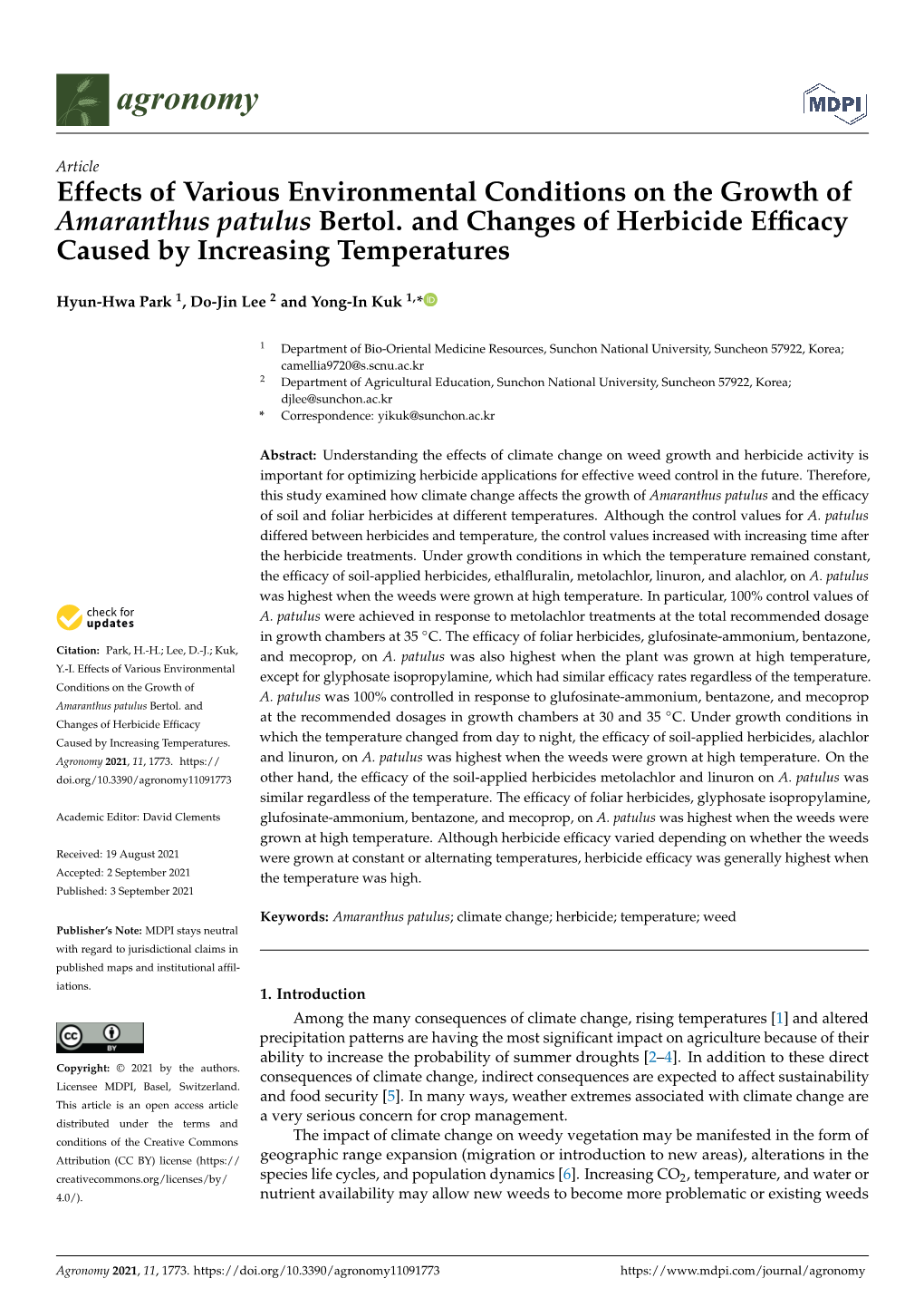 Effects of Various Environmental Conditions on the Growth of Amaranthus Patulus Bertol