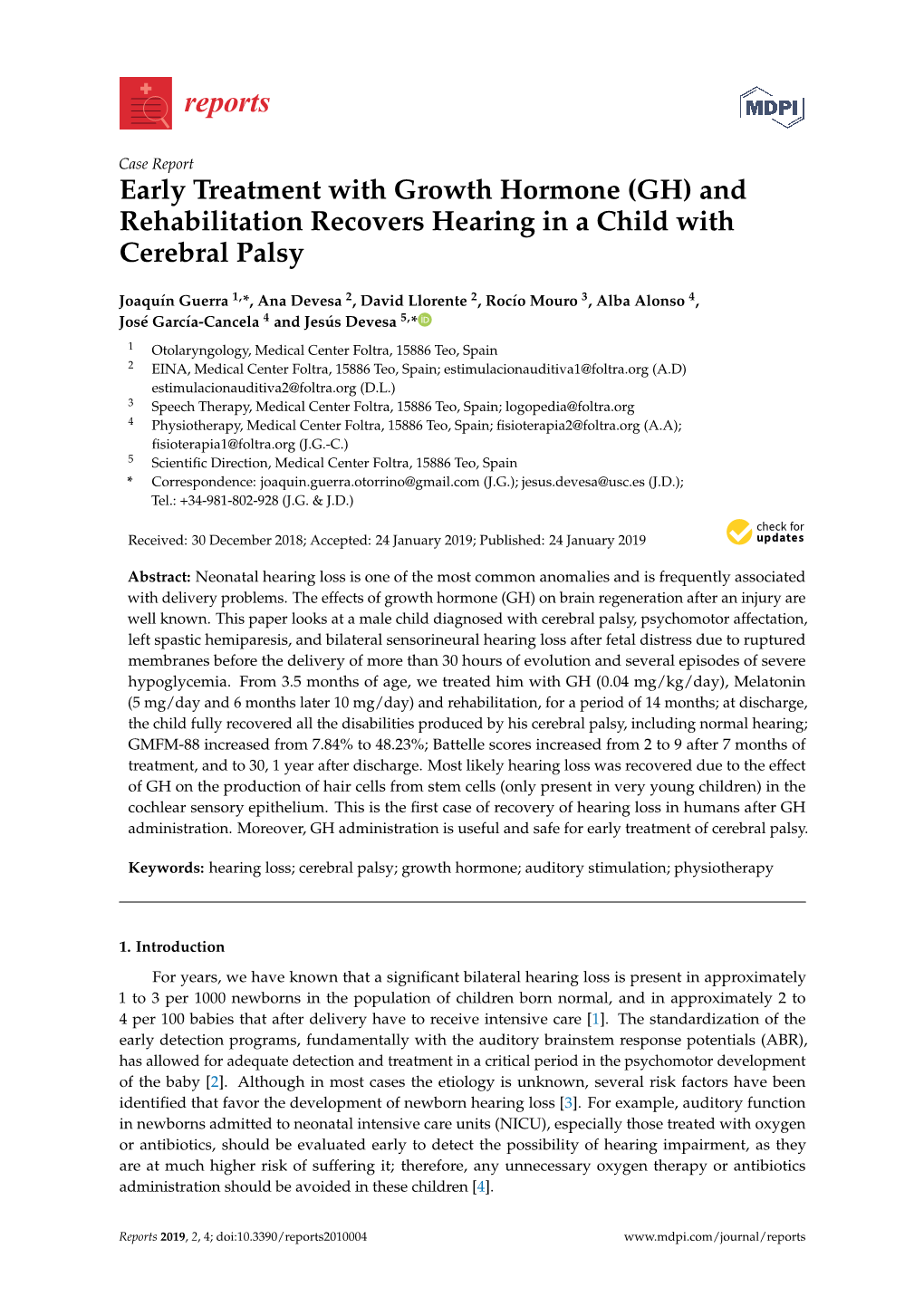 Early Treatment with Growth Hormone (GH) and Rehabilitation Recovers Hearing in a Child with Cerebral Palsy