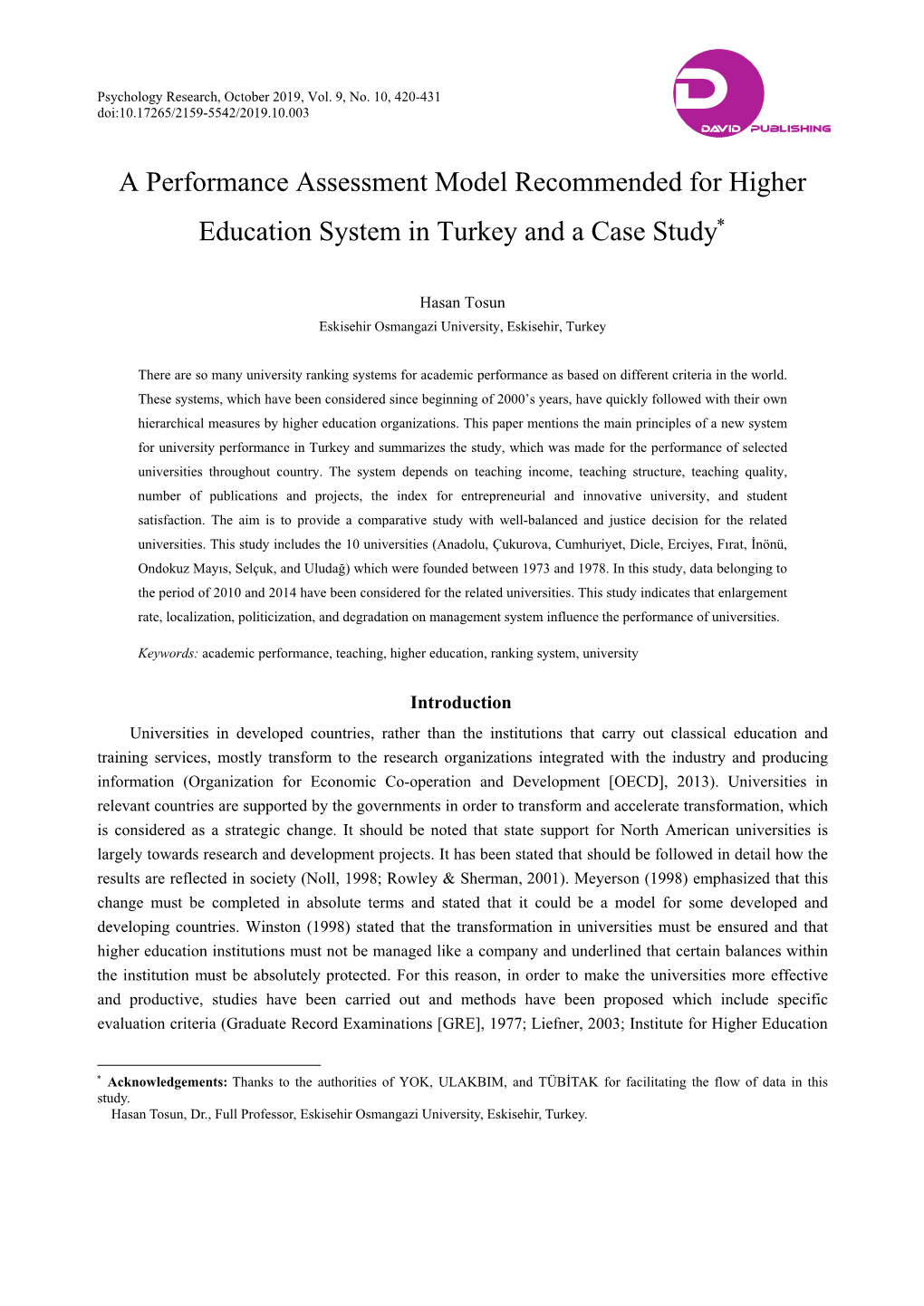 A Performance Assessment Model Recommended for Higher Education System in Turkey and a Case Study