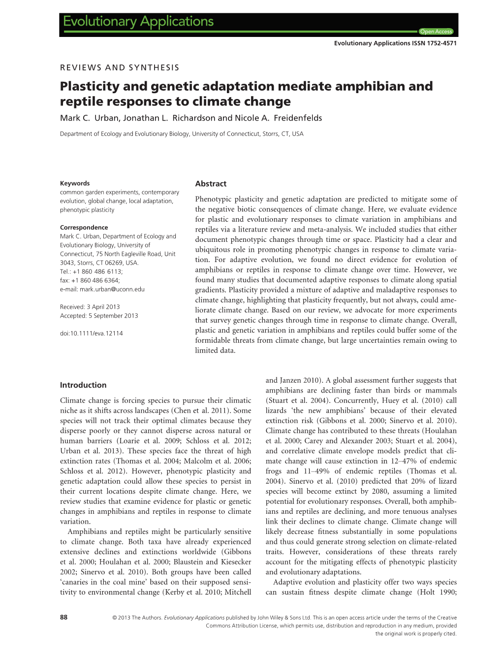 Plasticity and Genetic Adaptation Mediate Amphibian and Reptile Responses to Climate Change Mark C