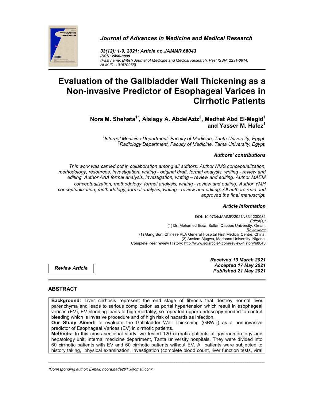 Evaluation of the Gallbladder Wall Thickening As a Non-Invasive Predictor of Esophageal Varices in Cirrhotic Patients