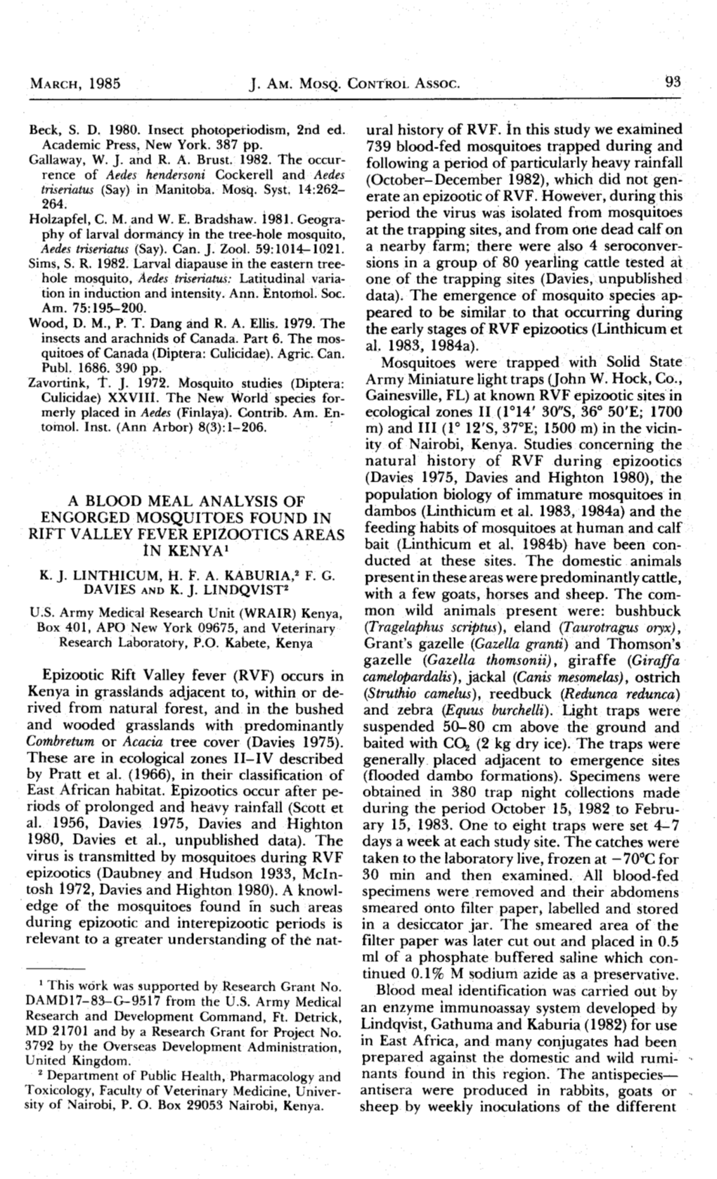 Mencn. 1985 J. Ar"R. Mosq. Conrhol Assoc. a BLOOD MEAL ANALYSIS of ENGORGED MOSQUITOES FOUND in RIFT VALLEY FEVER EPIZOOTIC