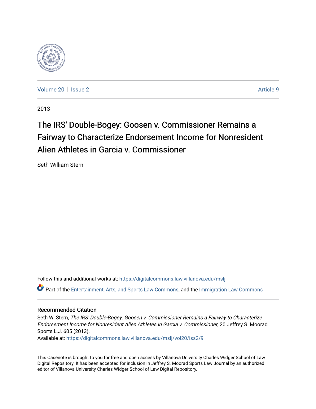 The IRS' Double-Bogey: Goosen V. Commissioner Remains a Fairway to Characterize Endorsement Income for Nonresident Alien Athletes in Garcia V