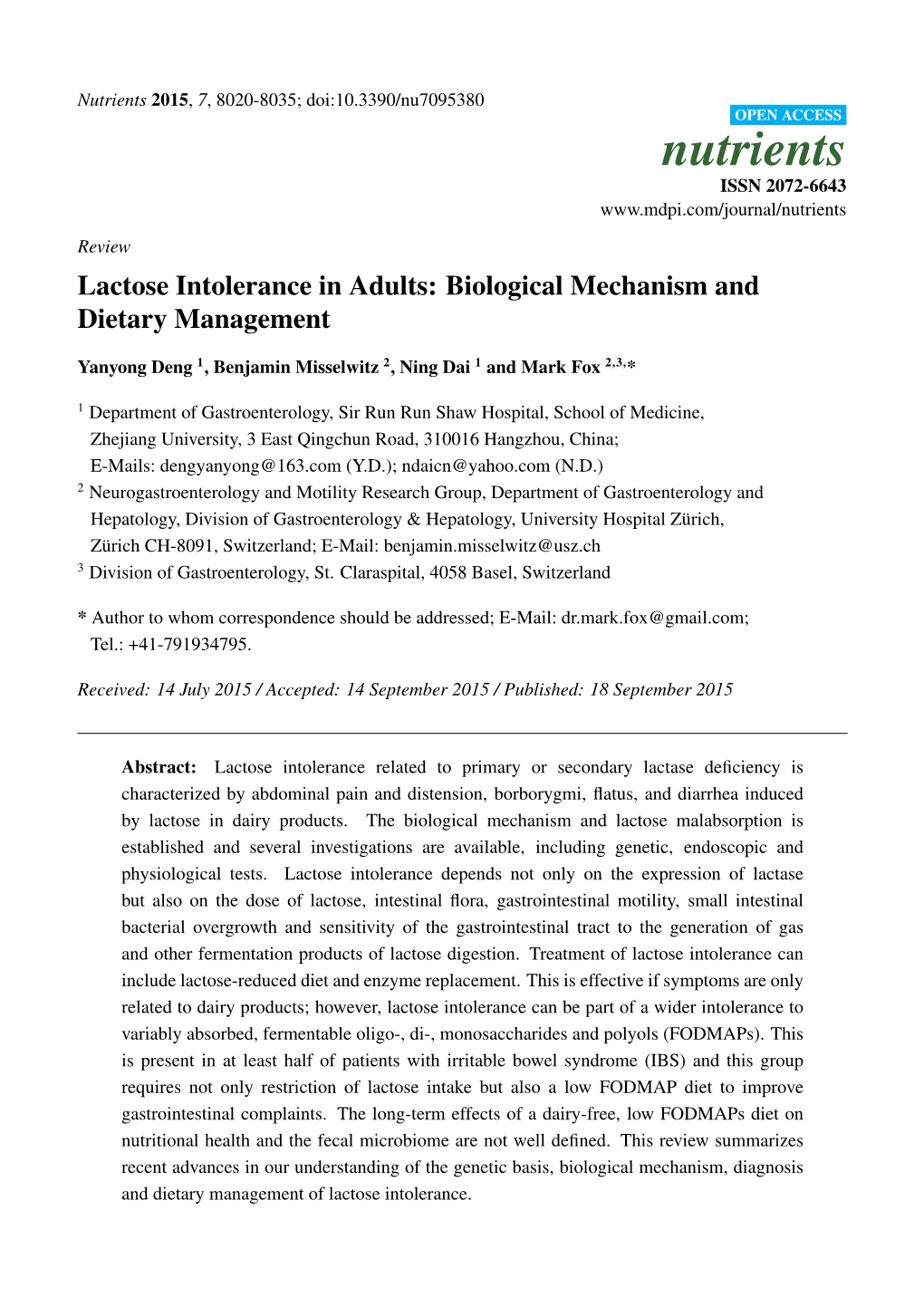 Lactose Intolerance in Adults: Biological Mechanism and Dietary Management