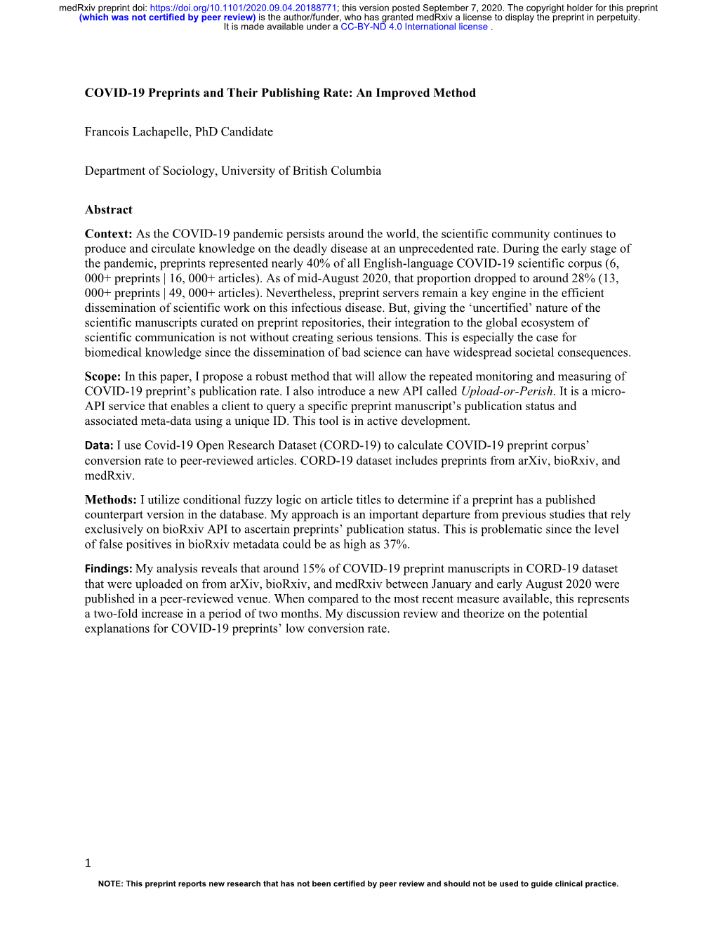 COVID-19 Preprints and Their Publishing Rate: an Improved Method