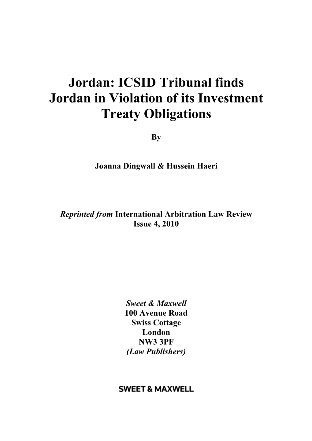Jordan: ICSID Tribunal Finds Jordan in Violation of Its Investment Treaty Obligations