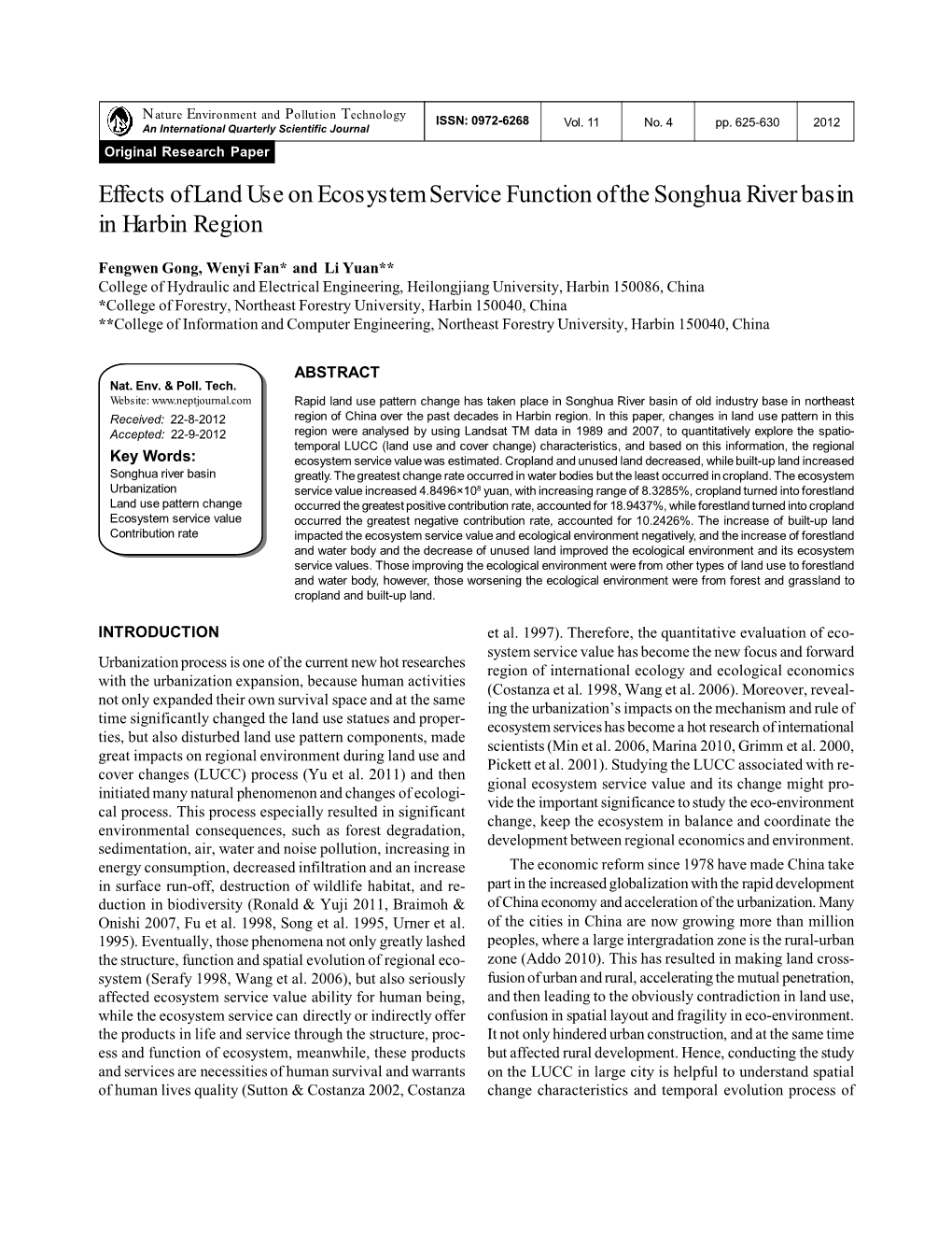 Effects of Land Use on Ecosystem Service Function of the Songhua River Basin in Harbin Region