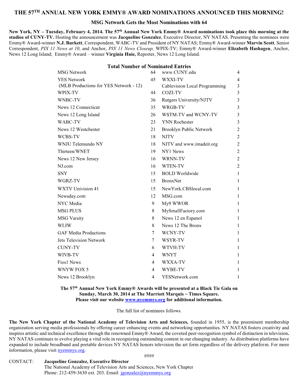 MSG Network Gets the Most Nominations with 64