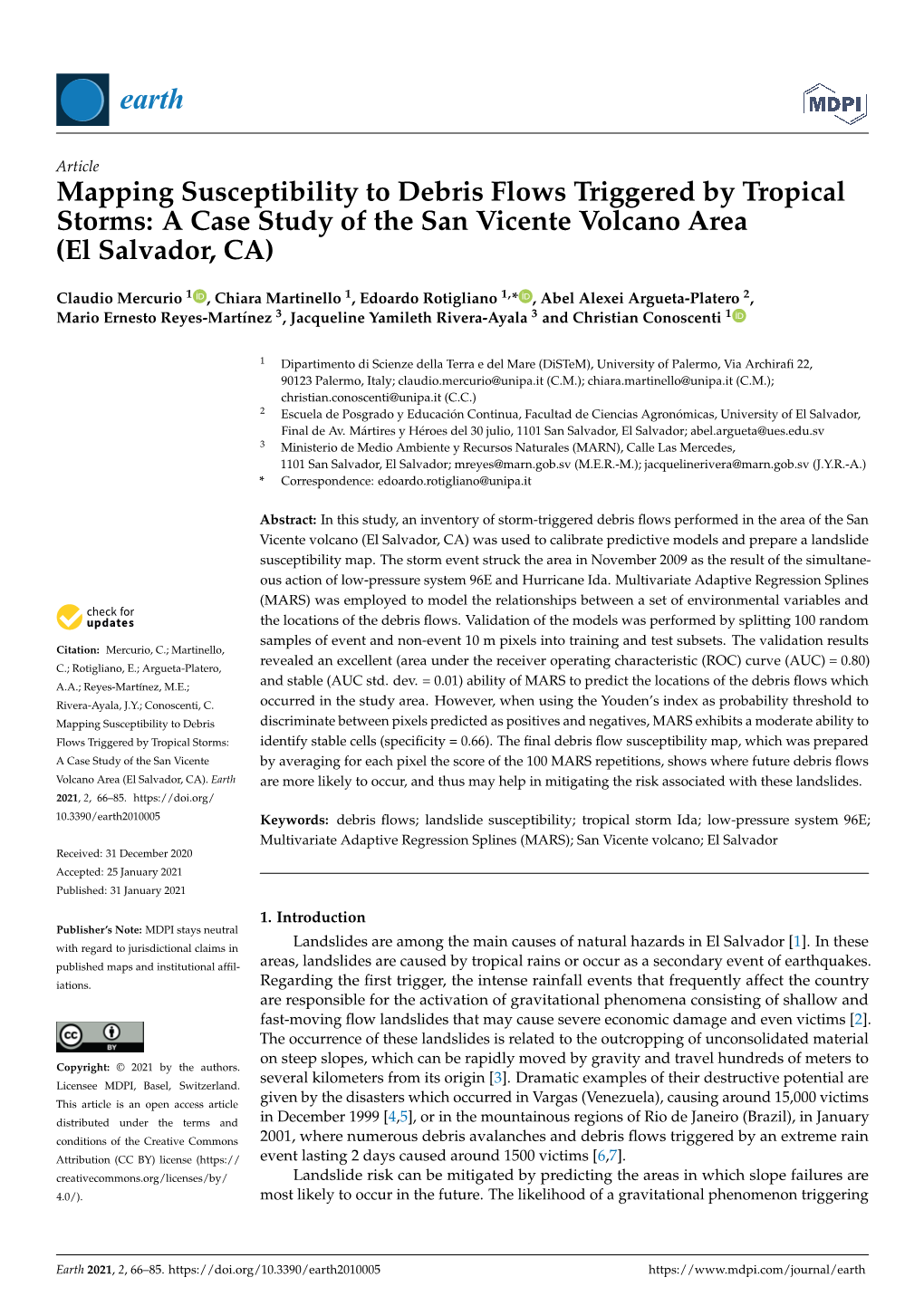 Mapping Susceptibility to Debris Flows Triggered by Tropical Storms: a Case Study of the San Vicente Volcano Area (El Salvador, CA)