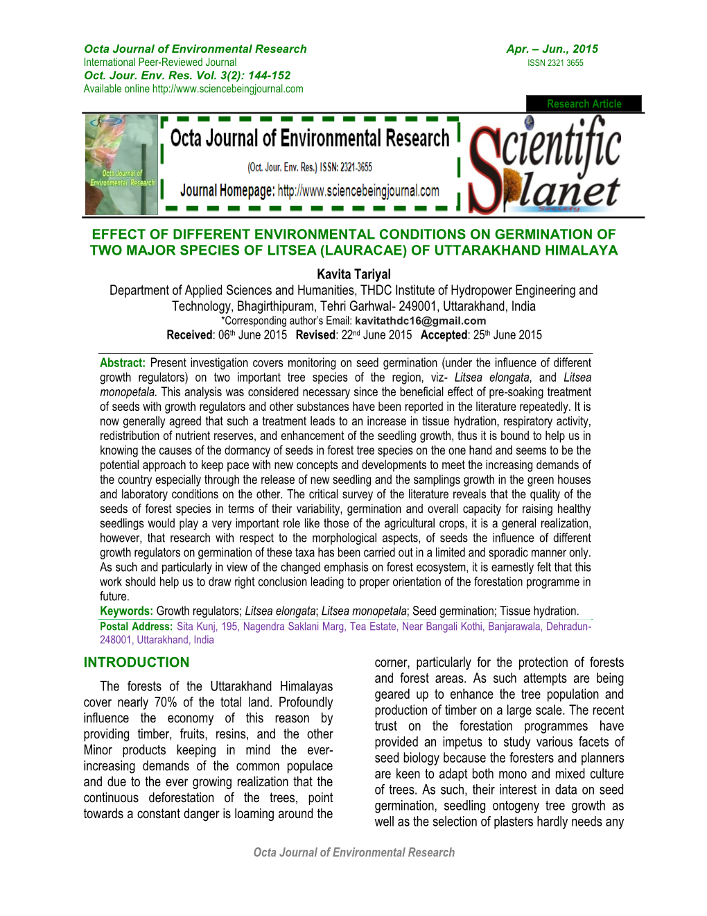 Effect of Different Environmental Conditions on Germination of Two Major Species of Litsea (Lauracae) of Uttarakhand Himalaya