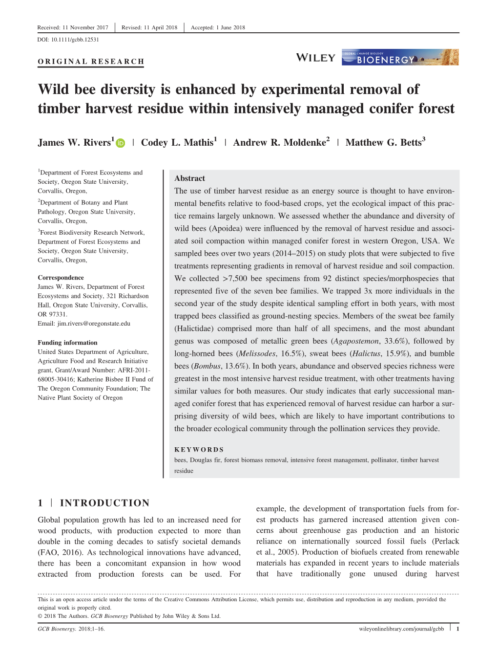 Wild Bee Diversity Is Enhanced by Experimental Removal of Timber Harvest Residue Within Intensively Managed Conifer Forest