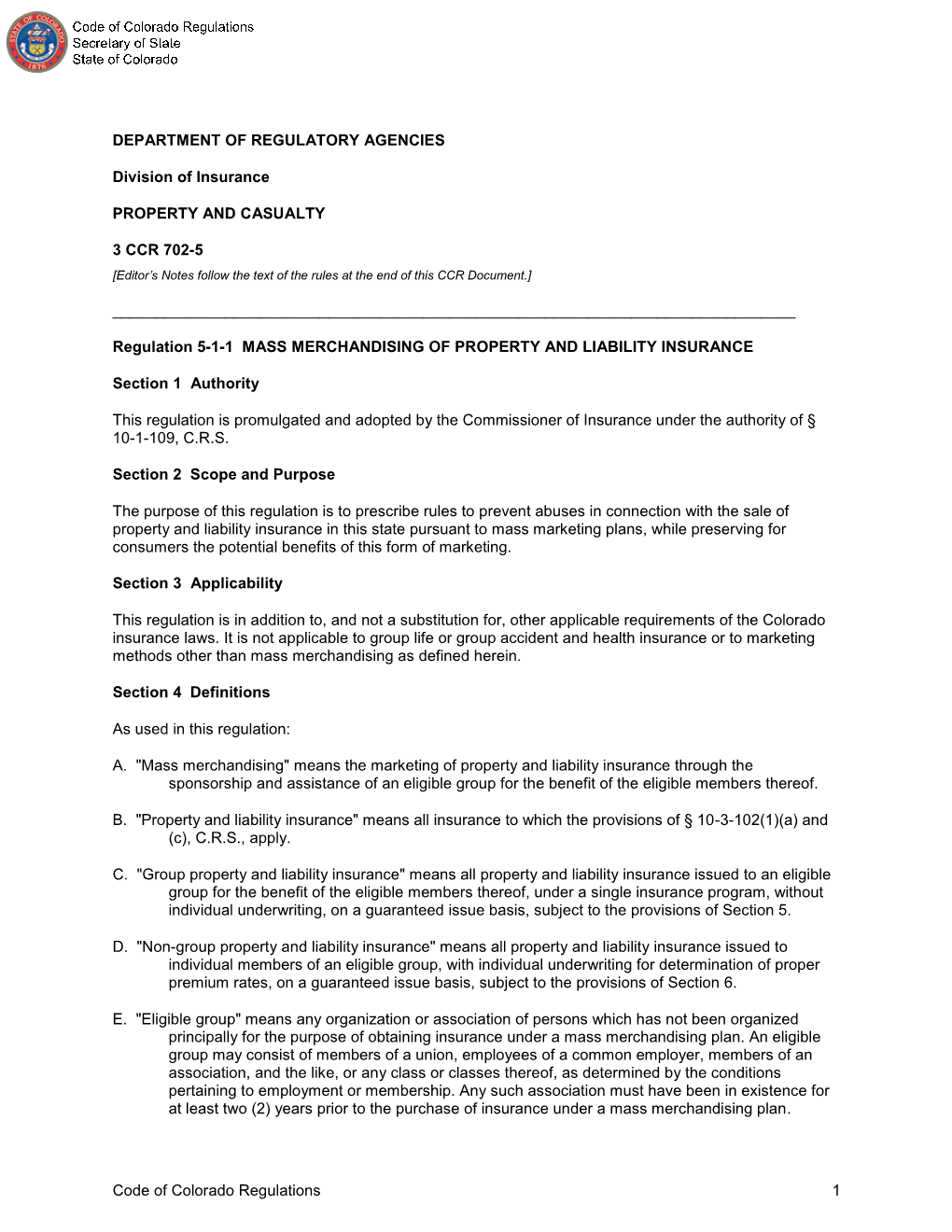 Code of Colorado Regulations 1 F