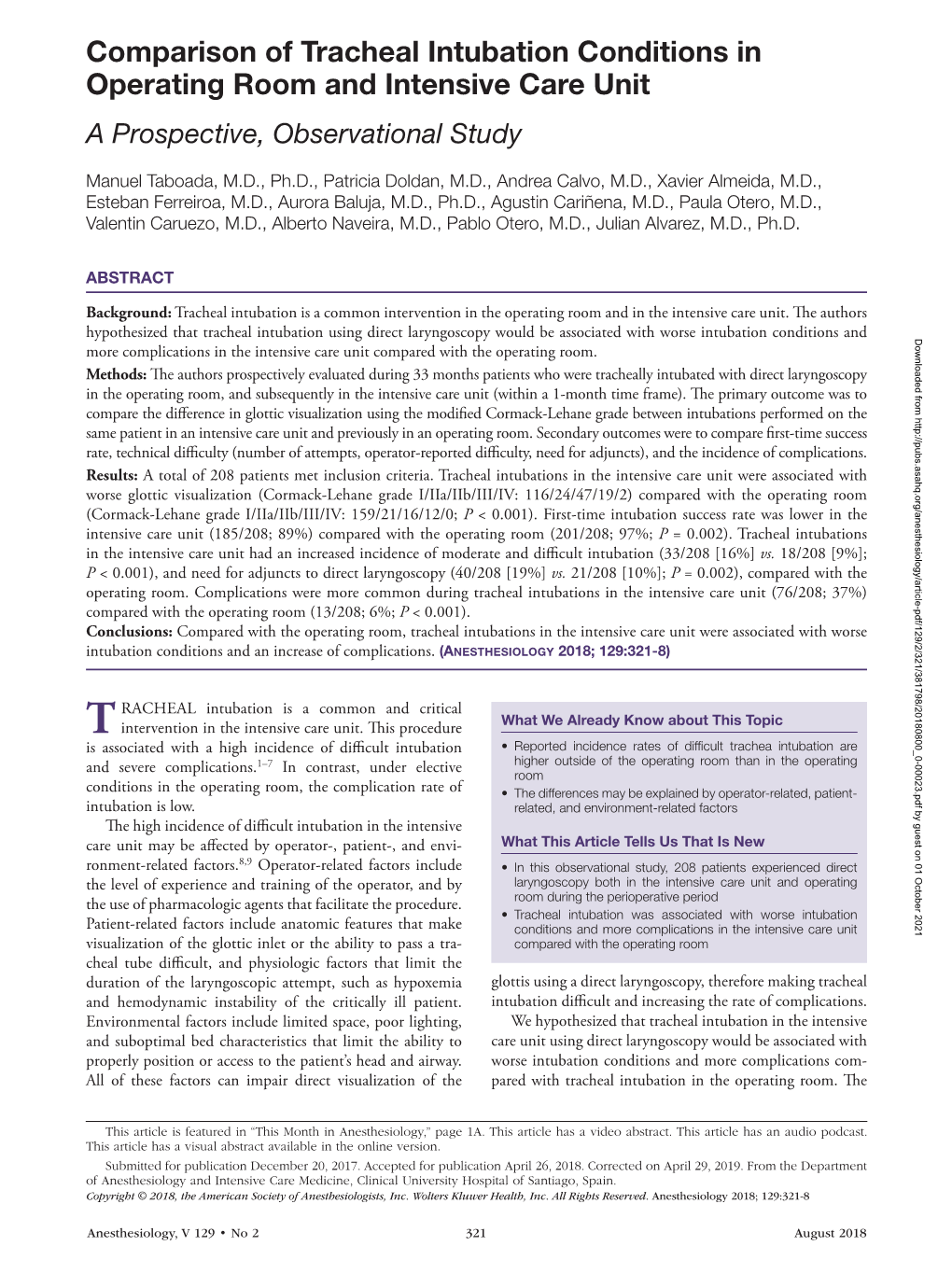 Comparison of Tracheal Intubation Conditions in Operating Room and Intensive Care Unit a Prospective, Observational Study