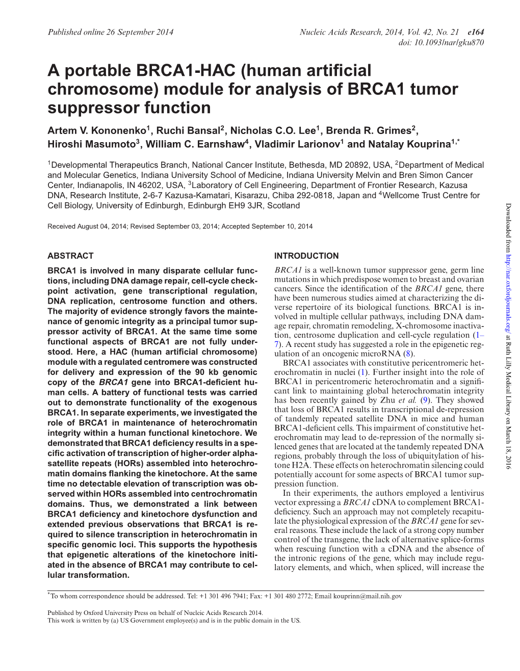 A Portable BRCA1-HAC (Human Artificial Chromosome) Module For