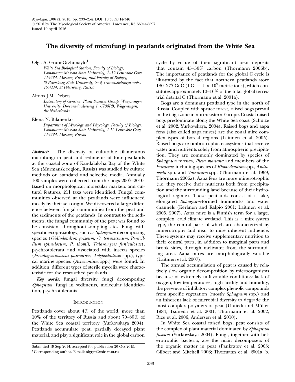 The Diversity of Microfungi in Peatlands Originated from the White Sea