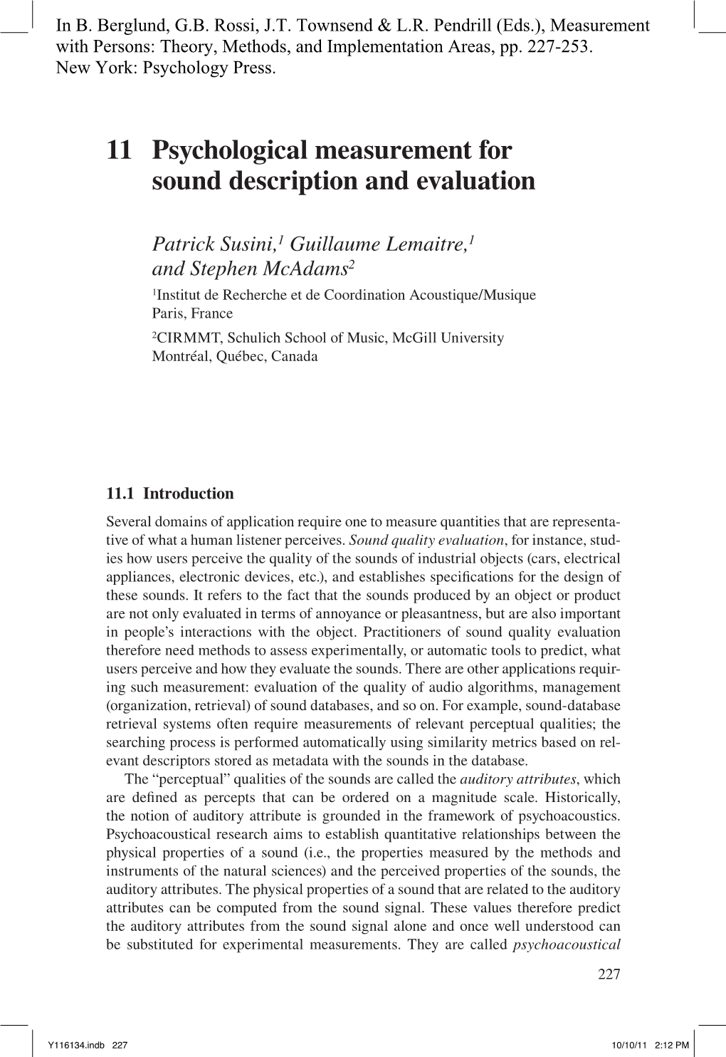 Psychological Measurement for Sound Description and Evaluation 11