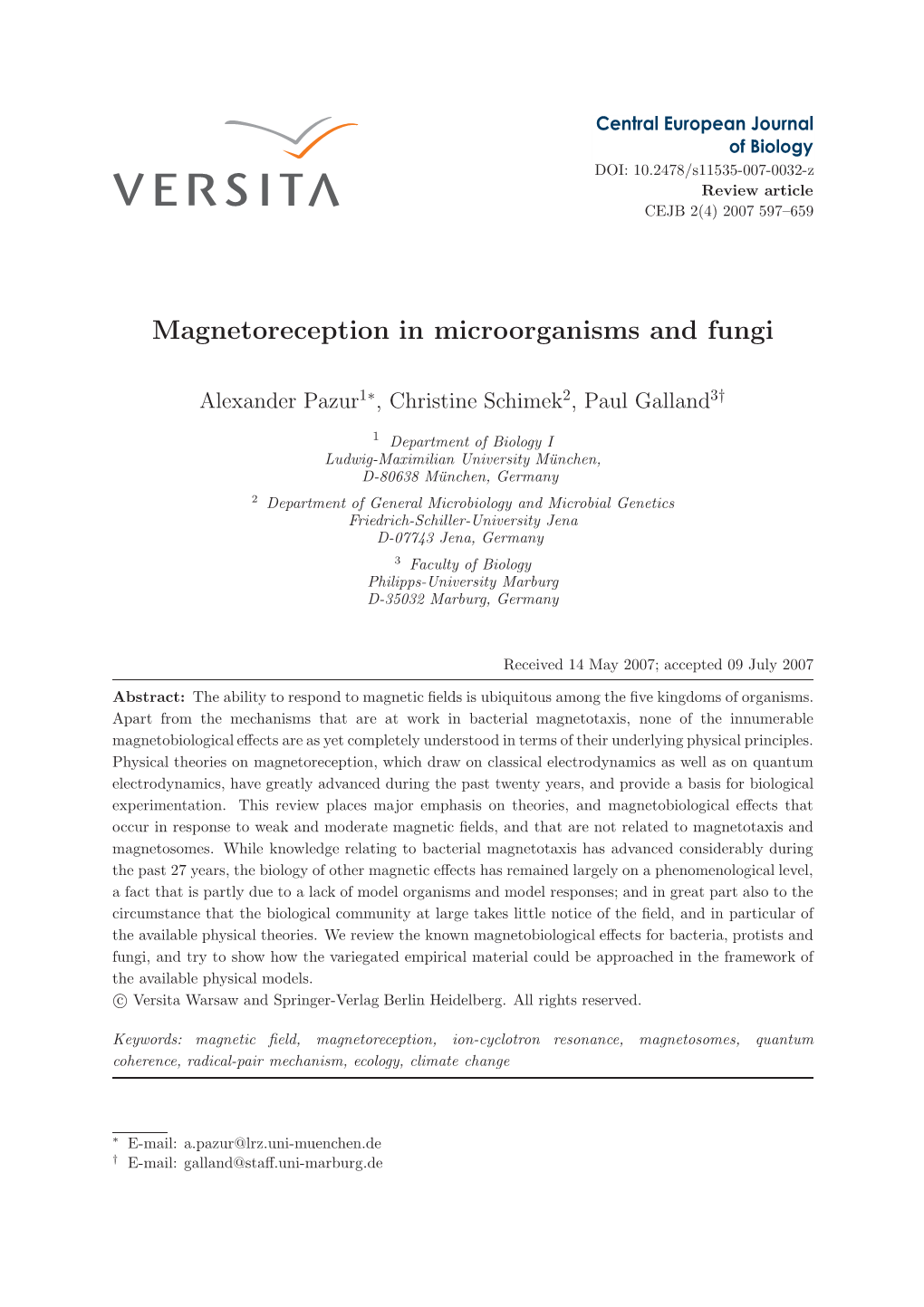 Magnetoreception in Microorganisms and Fungi
