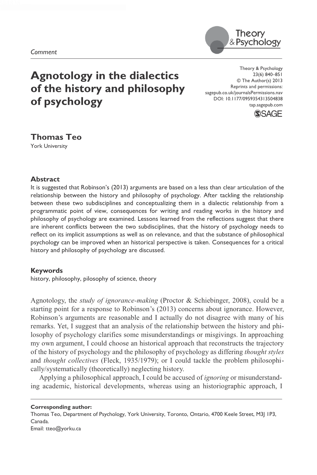 Agnotology in the Dialectics of the History and Philosophy of Psychology