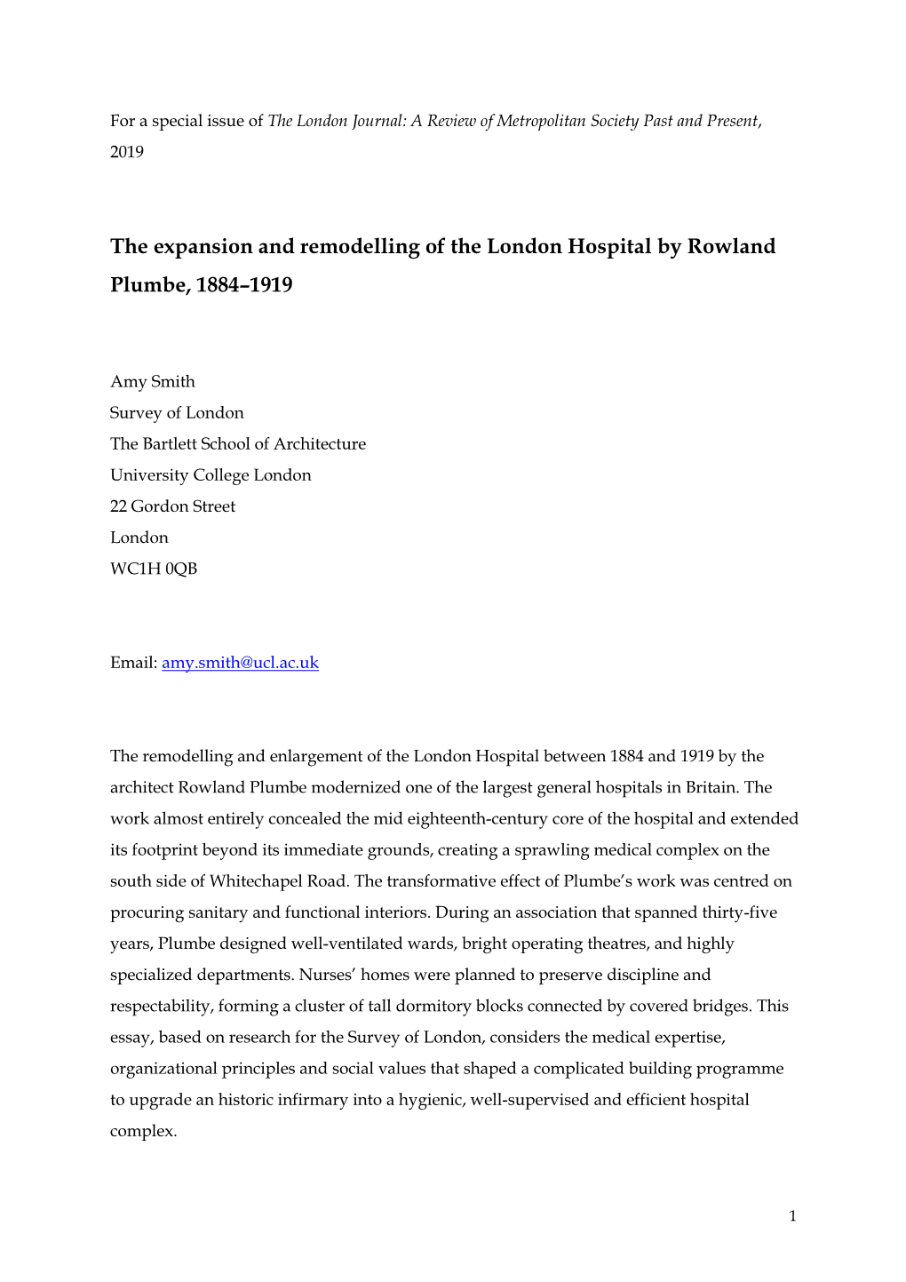 The Expansion and Remodelling of the London Hospital by Rowland Plumbe, 1884–1919