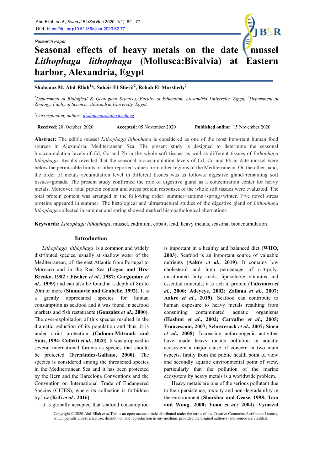 Seasonal Effects of Heavy Metals on the Date Mussel Lithophaga Lithophaga (Mollusca:Bivalvia) at Eastern Harbor, Alexandria, Egypt