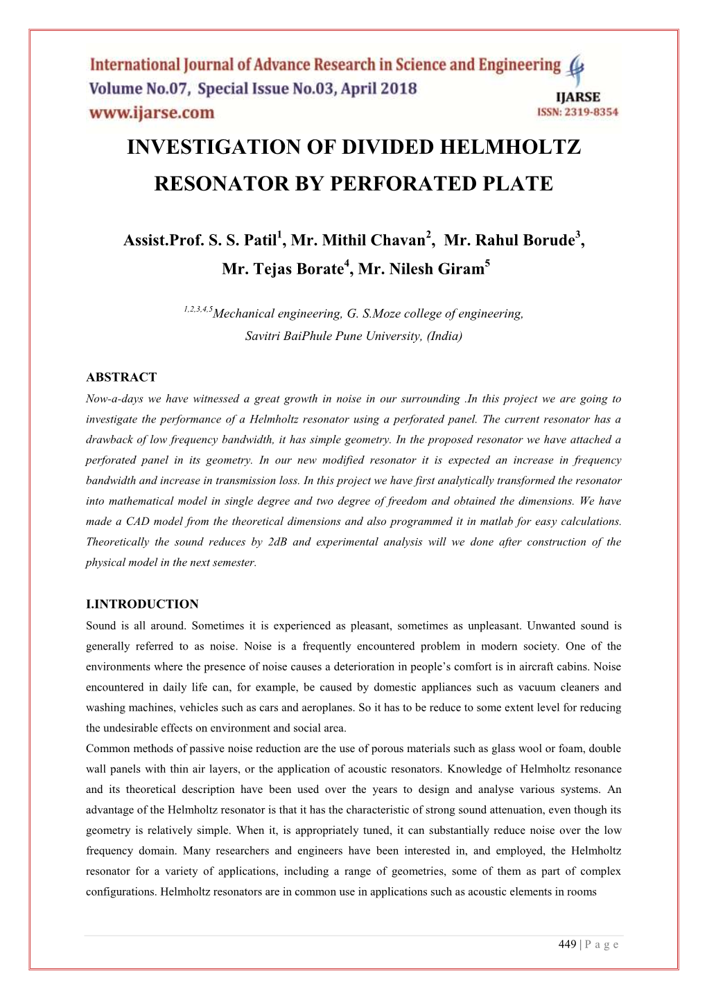 Investigation of Divided Helmholtz Resonator by Perforated Plate