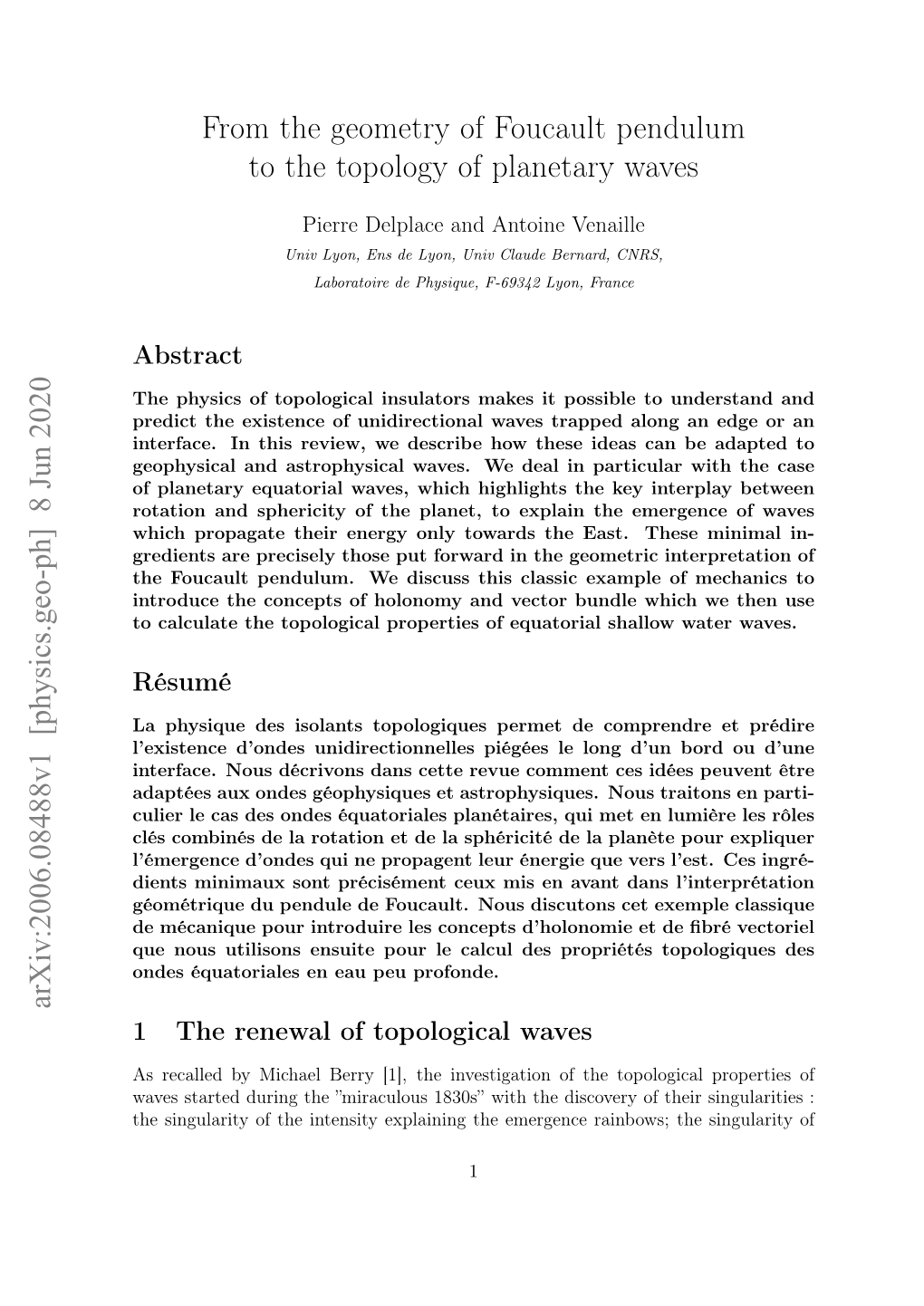 From the Geometry of Foucault Pendulum to the Topology of Planetary Waves