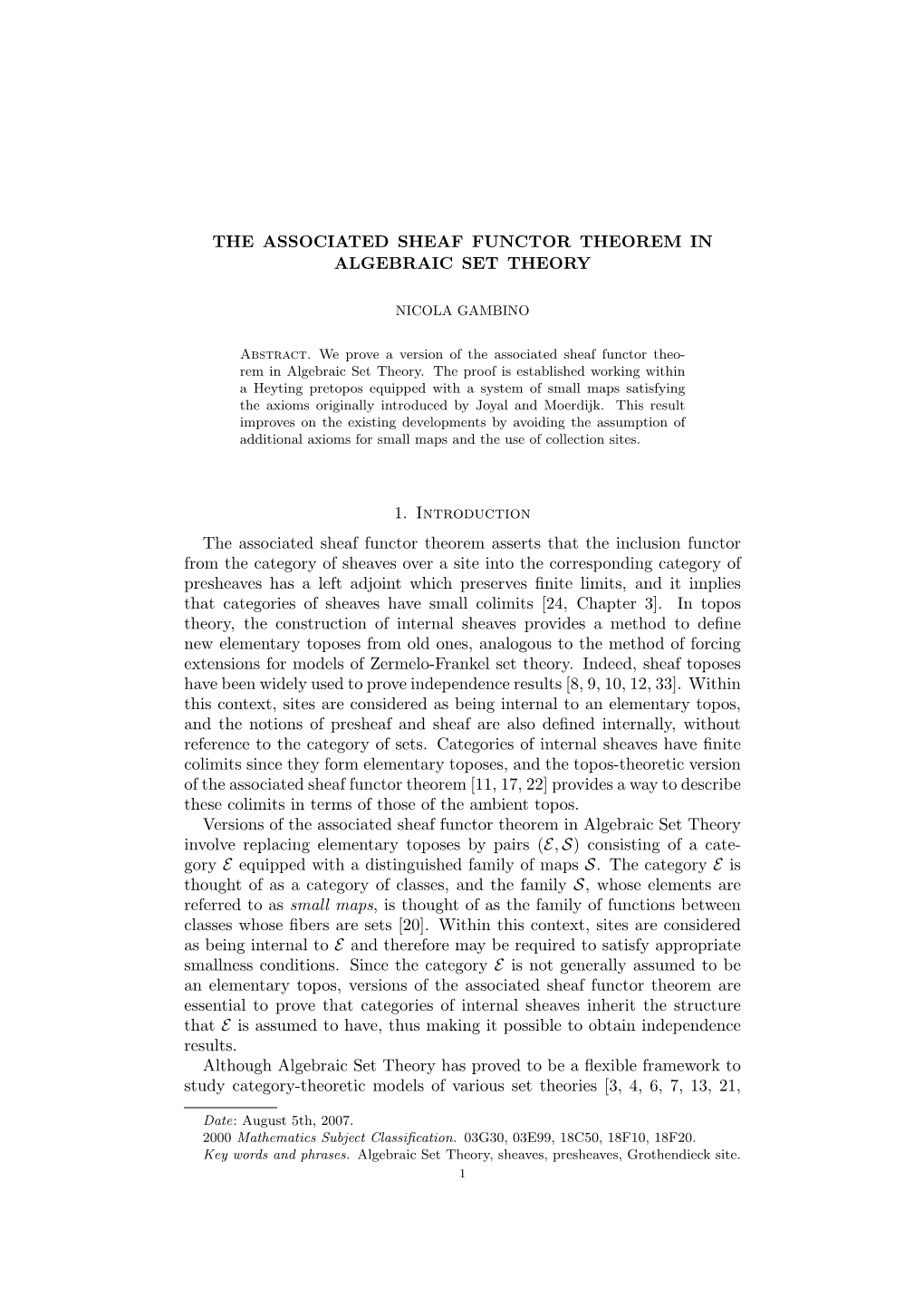 THE ASSOCIATED SHEAF FUNCTOR THEOREM in ALGEBRAIC SET THEORY 1. Introduction the Associated Sheaf Functor Theorem Asserts That T