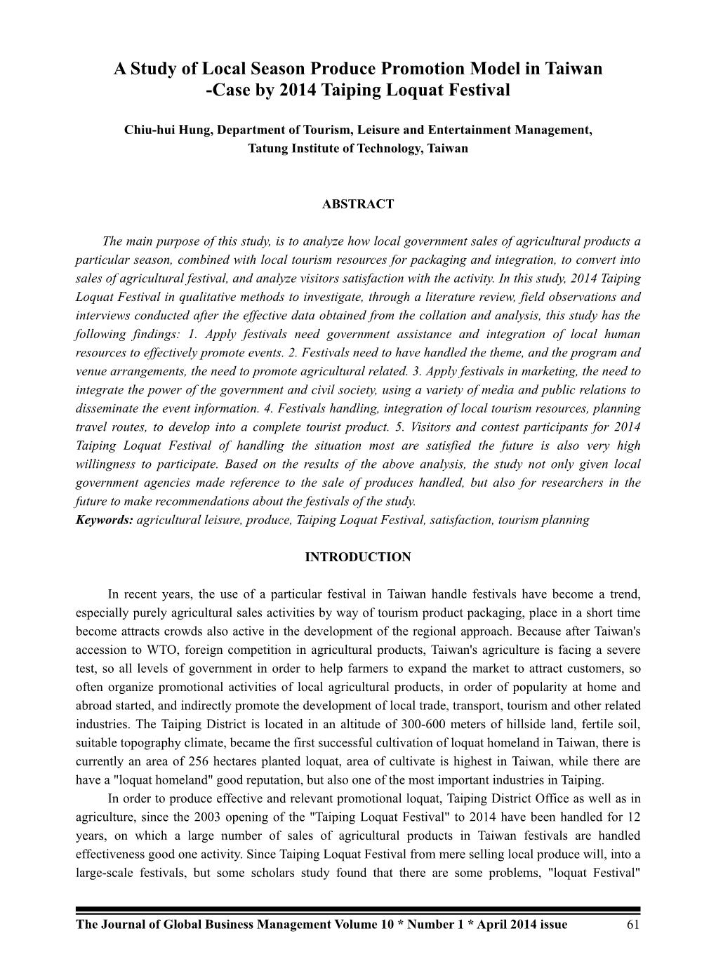 A Study of Local Season Produce Promotion Model in Taiwan -Case by 2014 Taiping Loquat Festival