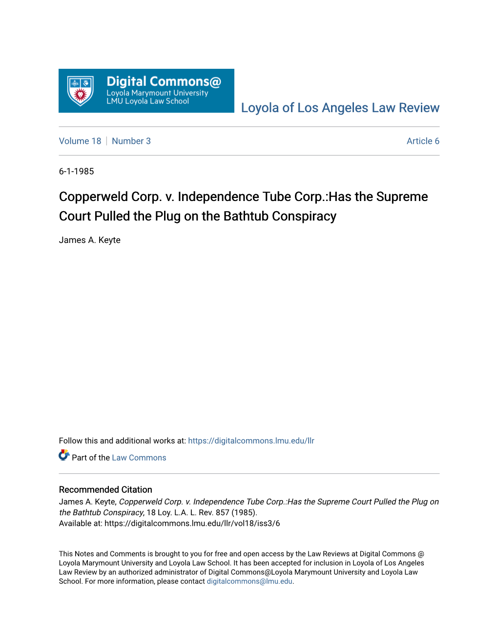 Copperweld Corp. V. Independence Tube Corp.:Has the Supreme Court Pulled the Plug on the Bathtub Conspiracy